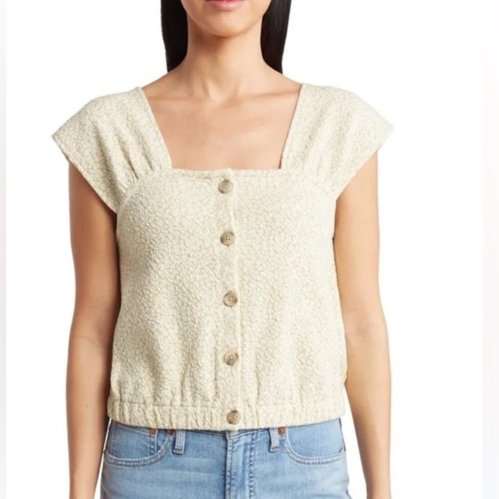 Madewell Floral Jacquard Knit Green Button Front Top Cap Sleeve Floral Blouse